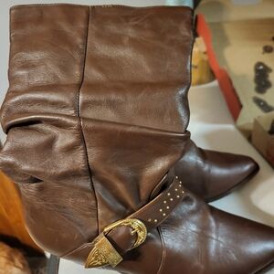 Brown Leather Heeled Boots with Gold Buckle